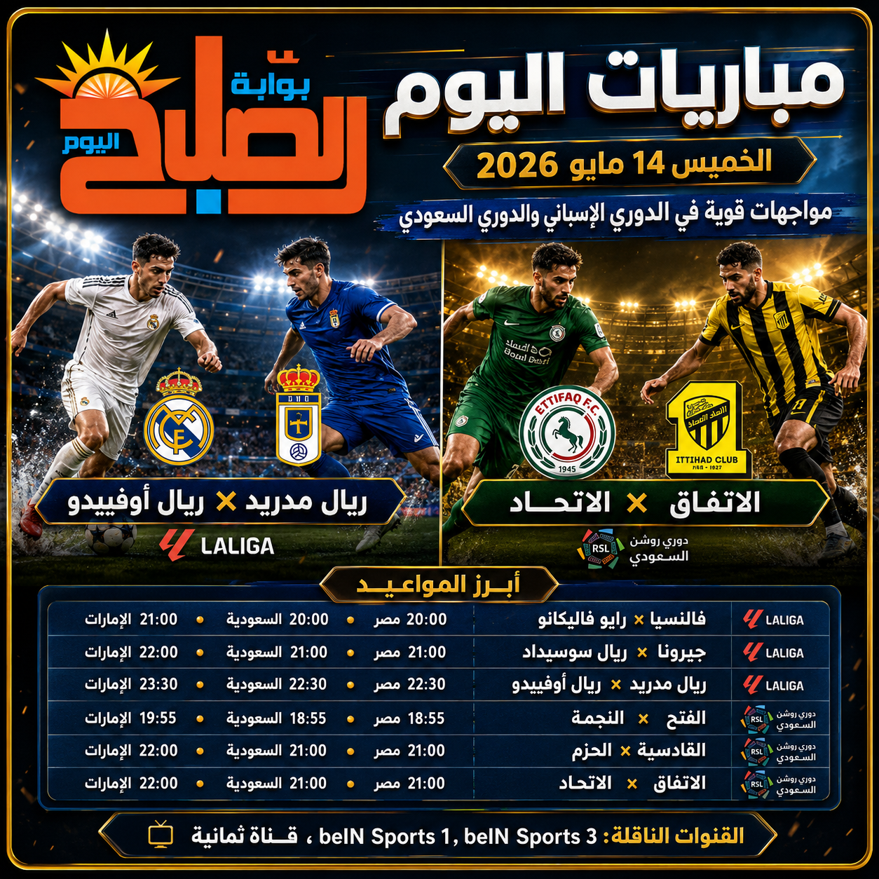 مباريات اليوم الخميس 14 مايو 2026 والقنوات الناقلة.. ريال مدريد يواجه أوفييدو والاتحاد يصطدم بالاتفاق